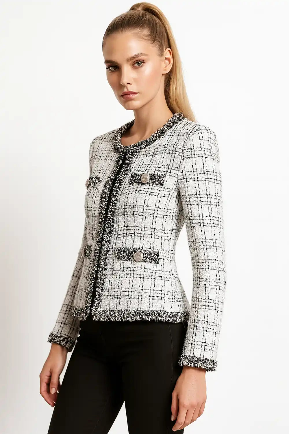 Women’s white tweed cropped jacket with pearl buttons – elegant chic blaze