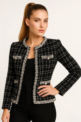 Women’s white tweed cropped jacket with pearl buttons – elegant chic blaze