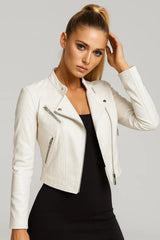 Women's white faux leather biker jacket with zipper – chic minimalist style