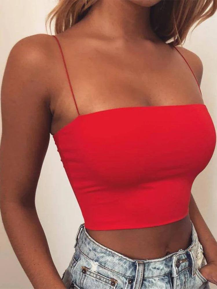 2024 New Fashion Women Spaghetti Strap Crop Top Bodycon-Red-2