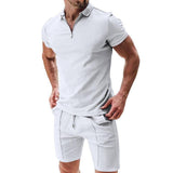 2Pcs Casual Waffle Suit Summer Zipper Lapel Short-sleeved-White-2