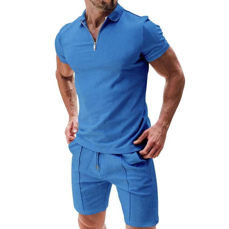 2Pcs Casual Waffle Suit Summer Zipper Lapel Short-sleeved-Light Blue-9