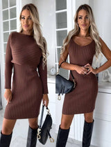 2pcs Suit Women's Solid Stripe Long-sleeved Top And Tight Suspender Skirt Fashion Autumn Winter Slim Clothing-Dark Brown-7