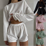 2pcs Women's Suit Long Sleeve Pullover Top And Shorts-1