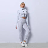 3PCS Yoga Set Seamless Sport Set Women Gym Clothing Leggings-Gray-6