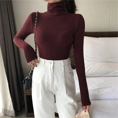 All-matching Solid Color Turtleneck Bottoming Shirt Women's-Purplish Red-6