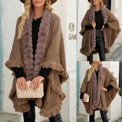 Autumn And Winter Luxury Wool Collar Tassel Shawl Sweater-Khaki-2