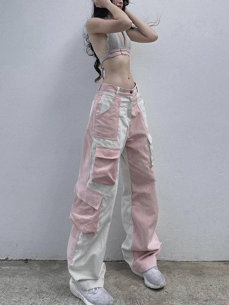 Baggy High Waist Contrast Patchwork-Pink-1