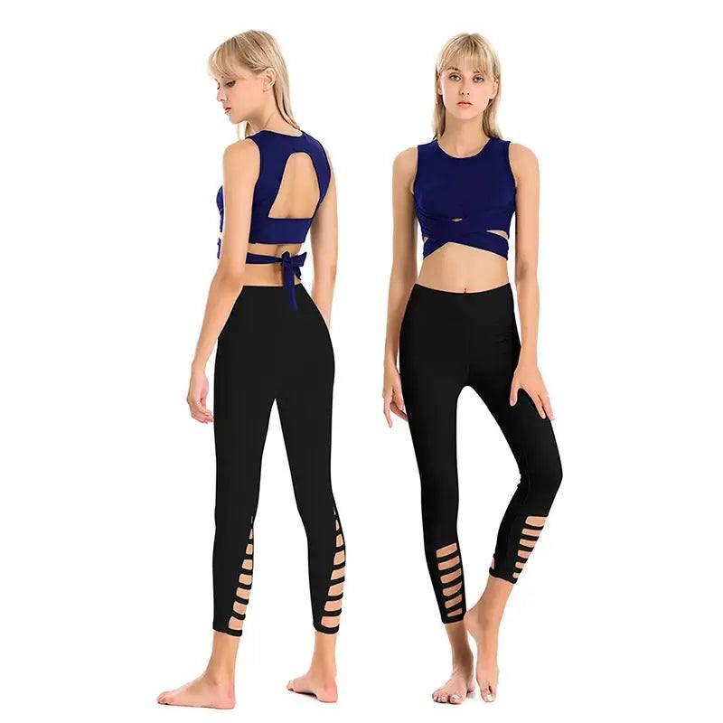 Bandage Yoga Suit-Navy blue black-3