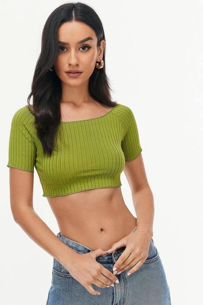 Beauty -umbilical Short -sleeved Thread Short Top-Green-8