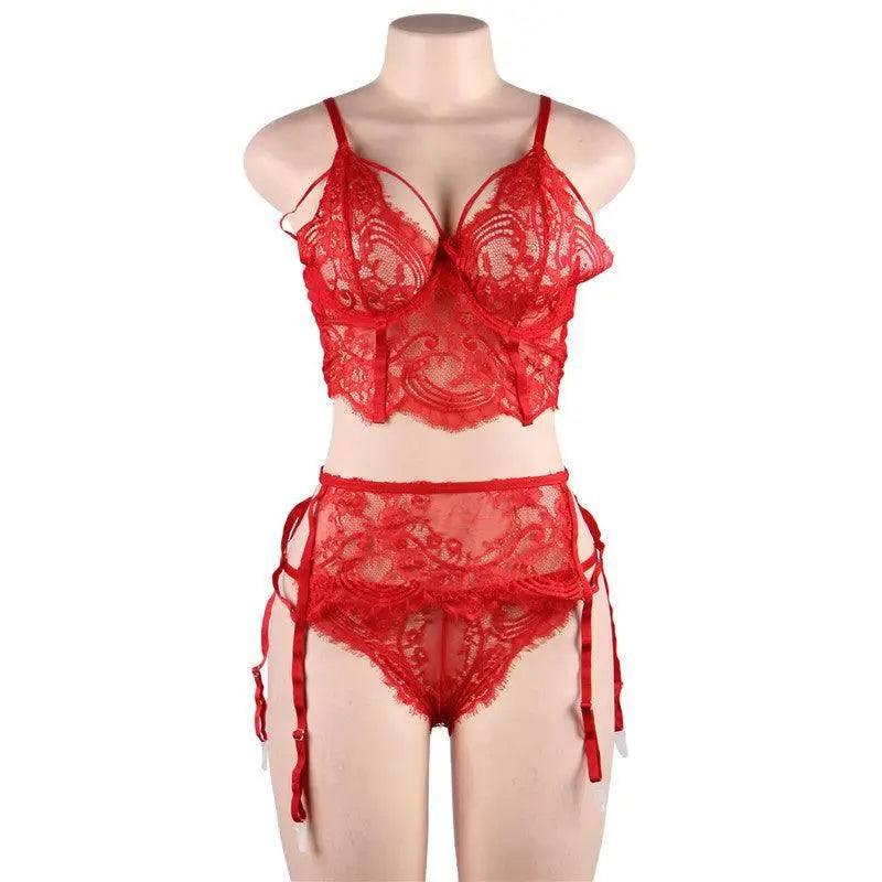 Big Size Breasted Garter Belt Lingerie Suit-Red-2