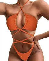 Bikini Comfortable And Sexy Solid Color Long Rope One Piece-Orange-2