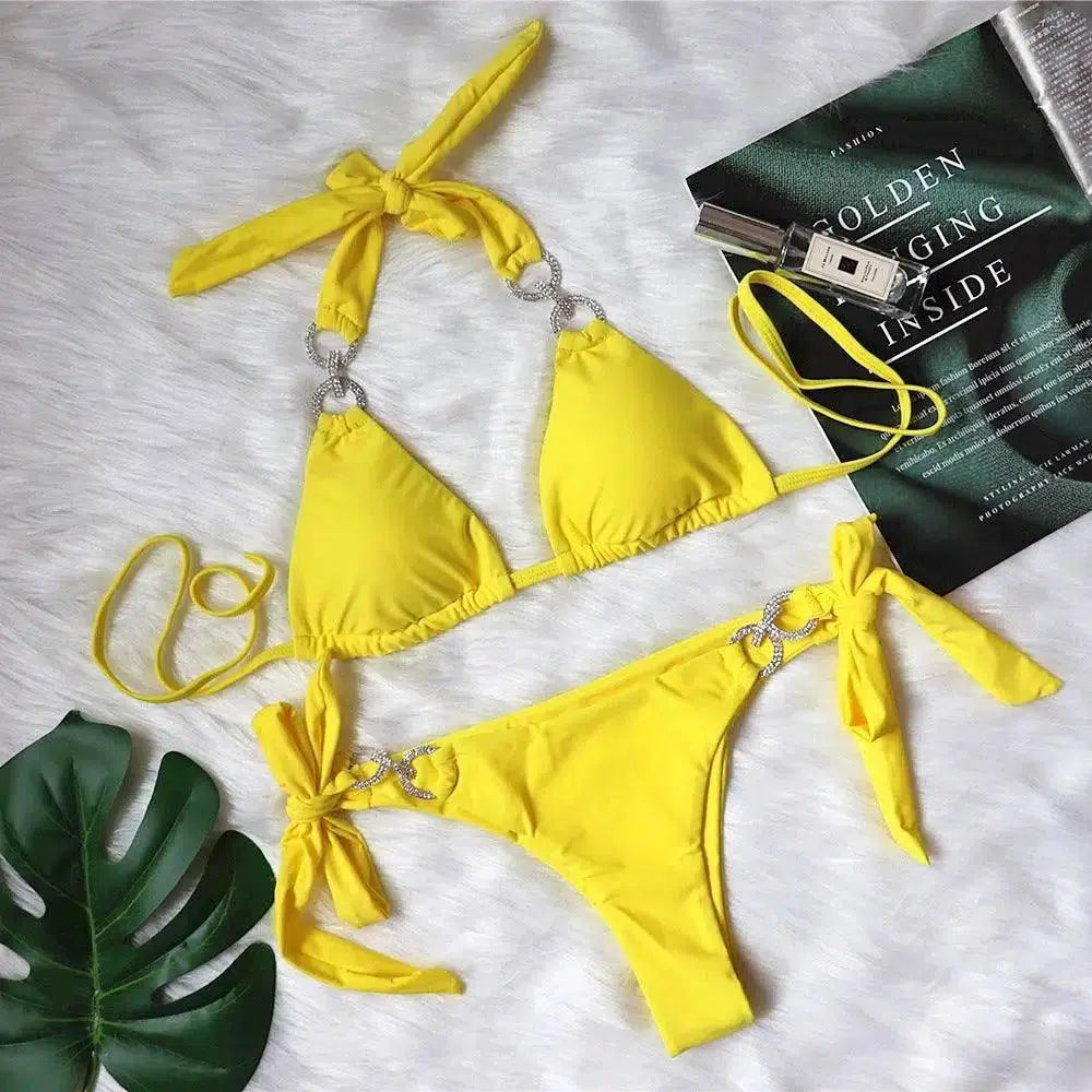 Bikini Crystal Diamond Swimsuit-Yellow-7