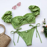 Bikini One-shoulder Puff Sleeve Strappy Swimsuit-Green-5