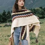 Bohemian Style Tassel Cape Knitted Warm Scarf-Beige-8