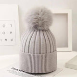 Boys And Girls Woolen Fox Fur Ball Knit Hat-LightGrey-10