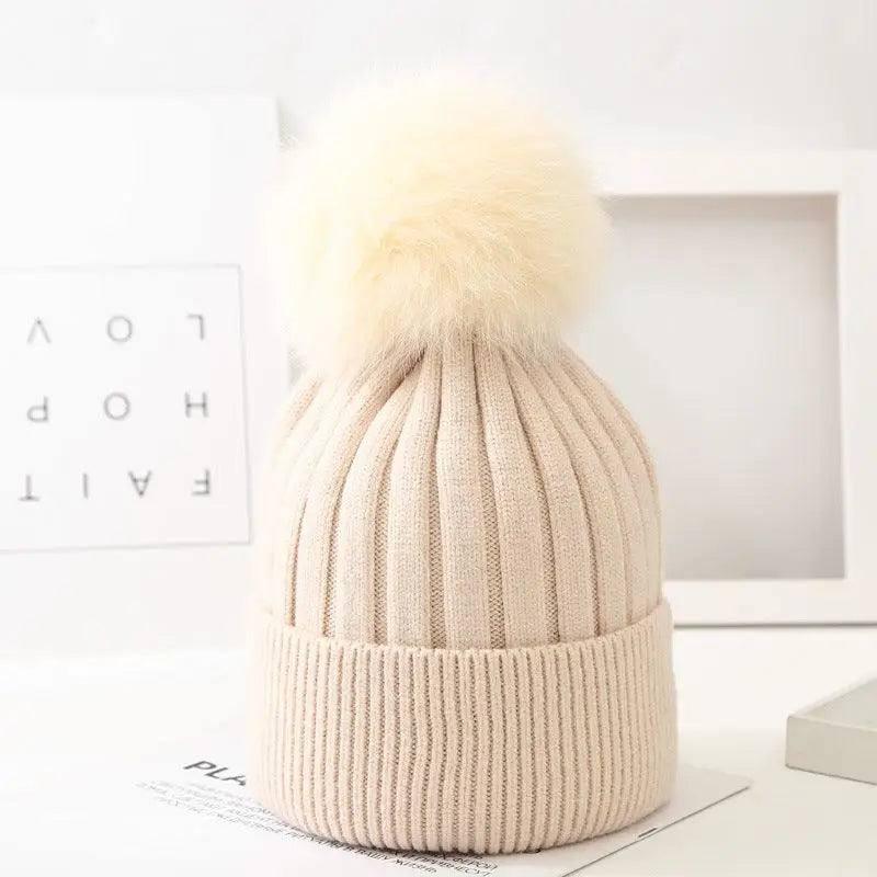 Boys And Girls Woolen Fox Fur Ball Knit Hat-Beige-8