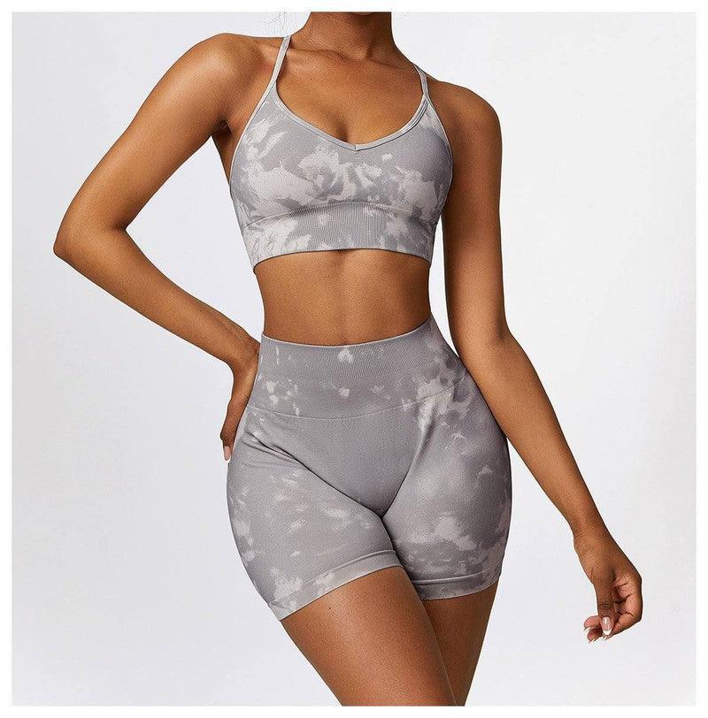 Camouflage Printing Seamless Yoga Suit Quick-drying High Waist Running Workout Clothes-Purplish Gray Bra Shorts-15