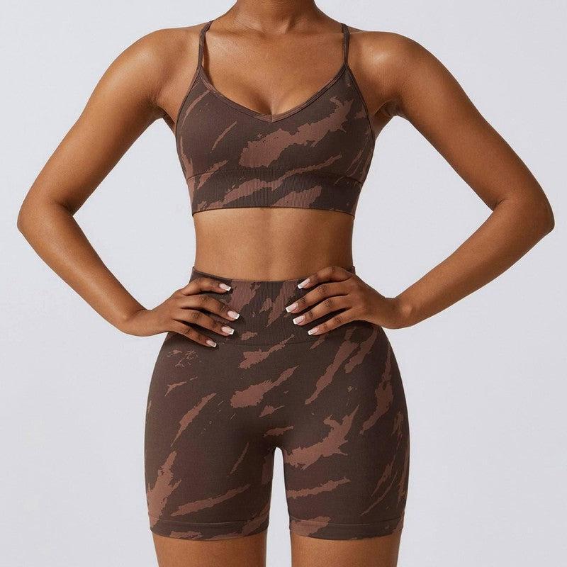 Camouflage Printing Seamless Yoga Suit Quick-drying High Waist Running Workout Clothes-Brown Bra Shorts-4