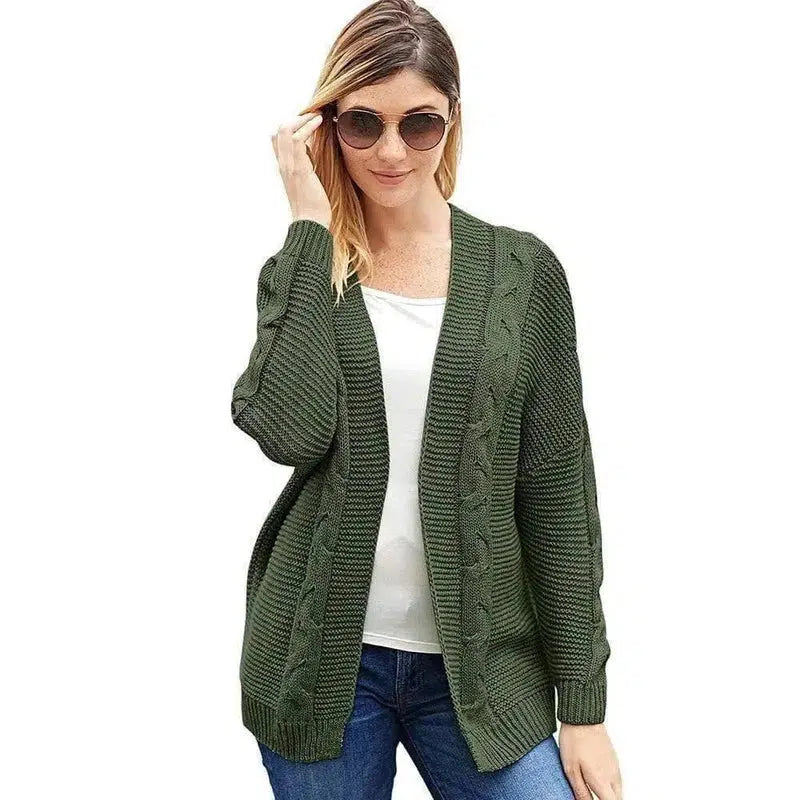 Cardigan Bat Long Sleeve Ribbed Knit Plus Size Cardigan-Green-6