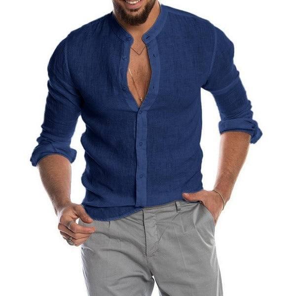 New Cardigan Stand Collar Long Sleeve Shirt Men's Clothing-Navy Blue-4