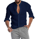 New Cardigan Stand Collar Long Sleeve Shirt Men's Clothing-Dark Blue-5