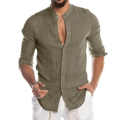 New Cardigan Stand Collar Long Sleeve Shirt Men's Clothing-Army Green-6