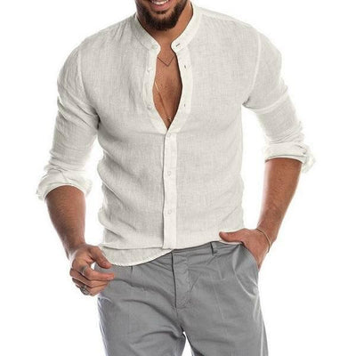 New Cardigan Stand Collar Long Sleeve Shirt Men's Clothing-White-8