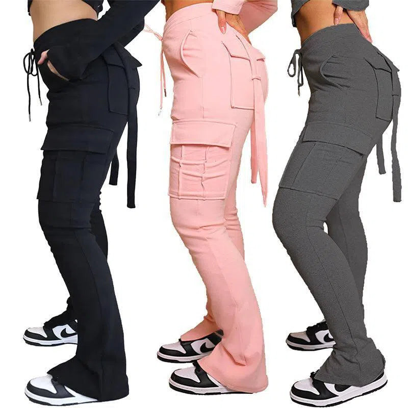 Cargo Pants With Pockets High Waist Drawstring Wide Leg Straight Trousers For Women Overalls-7