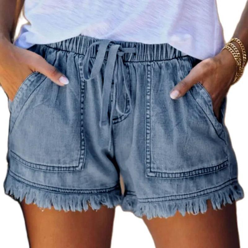 Casual Drawstring Elastic Waist Frayed Hem Loose Short Jeans-1