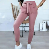 Casual, High-Waisted, Strappy Nine-Point Trousers-Pink-4