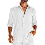 Casual Long Sleeve Shirt With Pocket Lace Polo Collar Solid-White-4