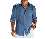 Casual Long Sleeve Shirt With Pocket Lace Polo Collar Solid Color Button Mens Clothing Set / 3XL-Dark Blue-6