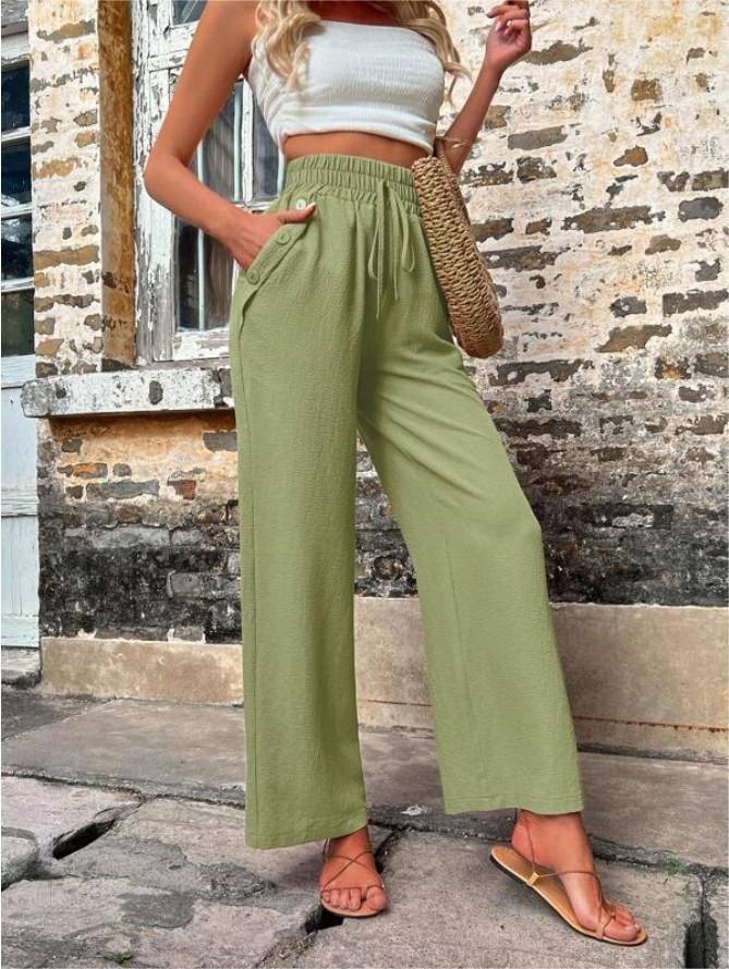 Casual Pants With Pockets Elastic Drawstring High Waist-Army Green-8