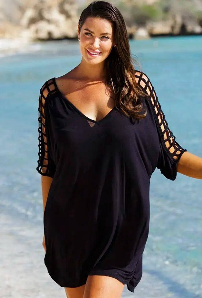 Summer Plus Size M to 3XL Cover Up Women Swimwear Beach Blouses Women Bikini Beach Wear Cover-Up Black Dress-5