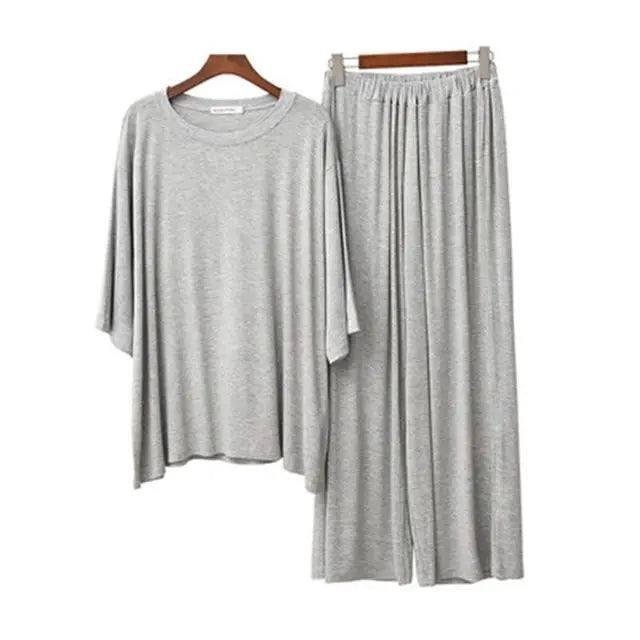 Plus Size 7XL 150KG Women Modal Pajamas Sets Spring Summer Short Sleeve Top and Calf-Length Pants Women Soft Sleepwear Suit-GRAY-9