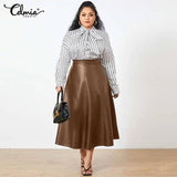 Plus Size Party Midi Skirt 2023 Autumn Women Solid Winter PU Leather Skirts Celmia Office Retro Long Skirts High Waist OL Skirt-2