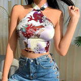 Chinoiserie Printed Halter Neck Buttoned Navel Crop Top-White-4