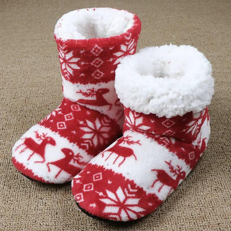 Christmas Elk Floor Shoes Indoor Socks Shoes Warm Plush-Red-5