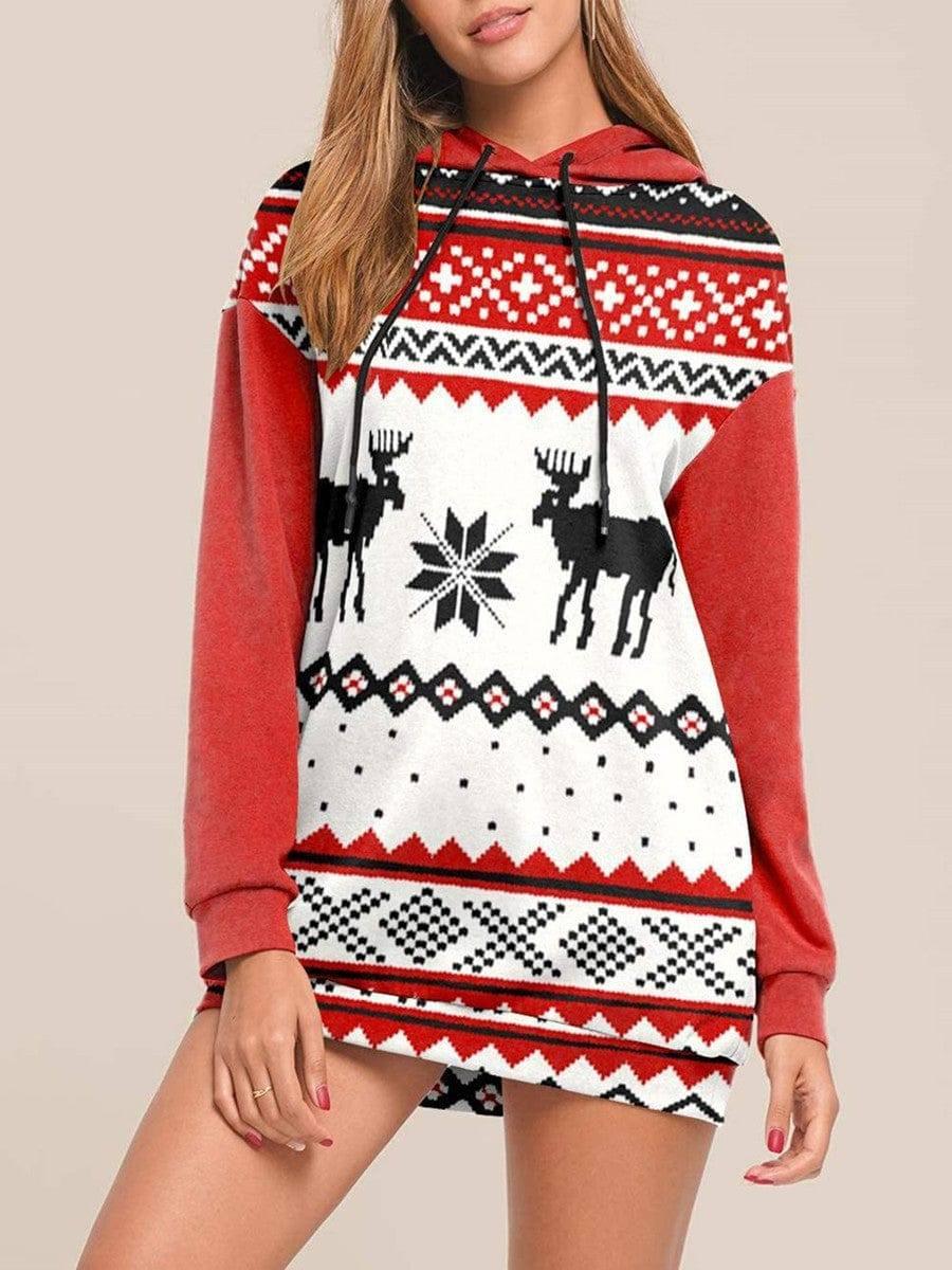 Christmas Elk Print Long-sleeved Hooded Sweater Women-4