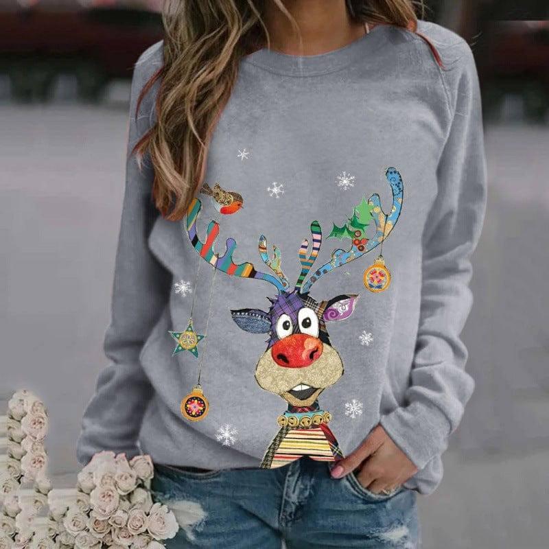 Christmas Pattern Printing Long Sleeve Crew Neck Sweater-Gray-8