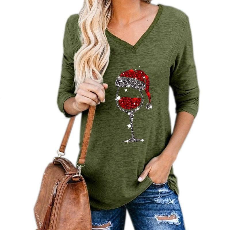 Christmas Wine Glass Print Plus Size Women Clothing-Green-2