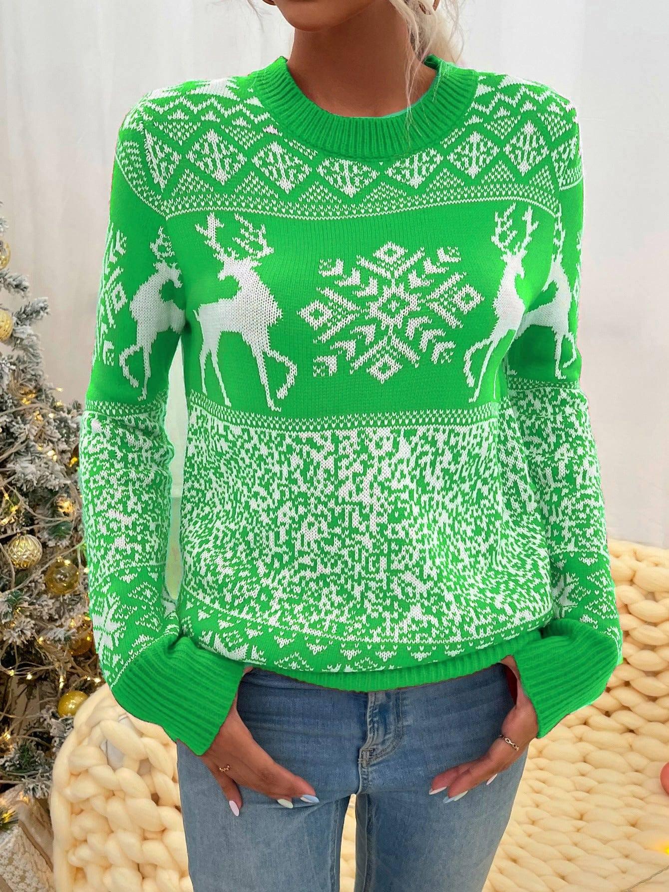 Christmas Woolen Round Neck Long-sleeved Sweater Women's-Green-2