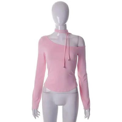 Clean Color Caution Machine Oblique Shoulder Long Sleeve-5