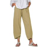 Cotton And Linen Wide Leg Pants Solid Color High Waist Loose Casual Trousers For Women-Khaki-10