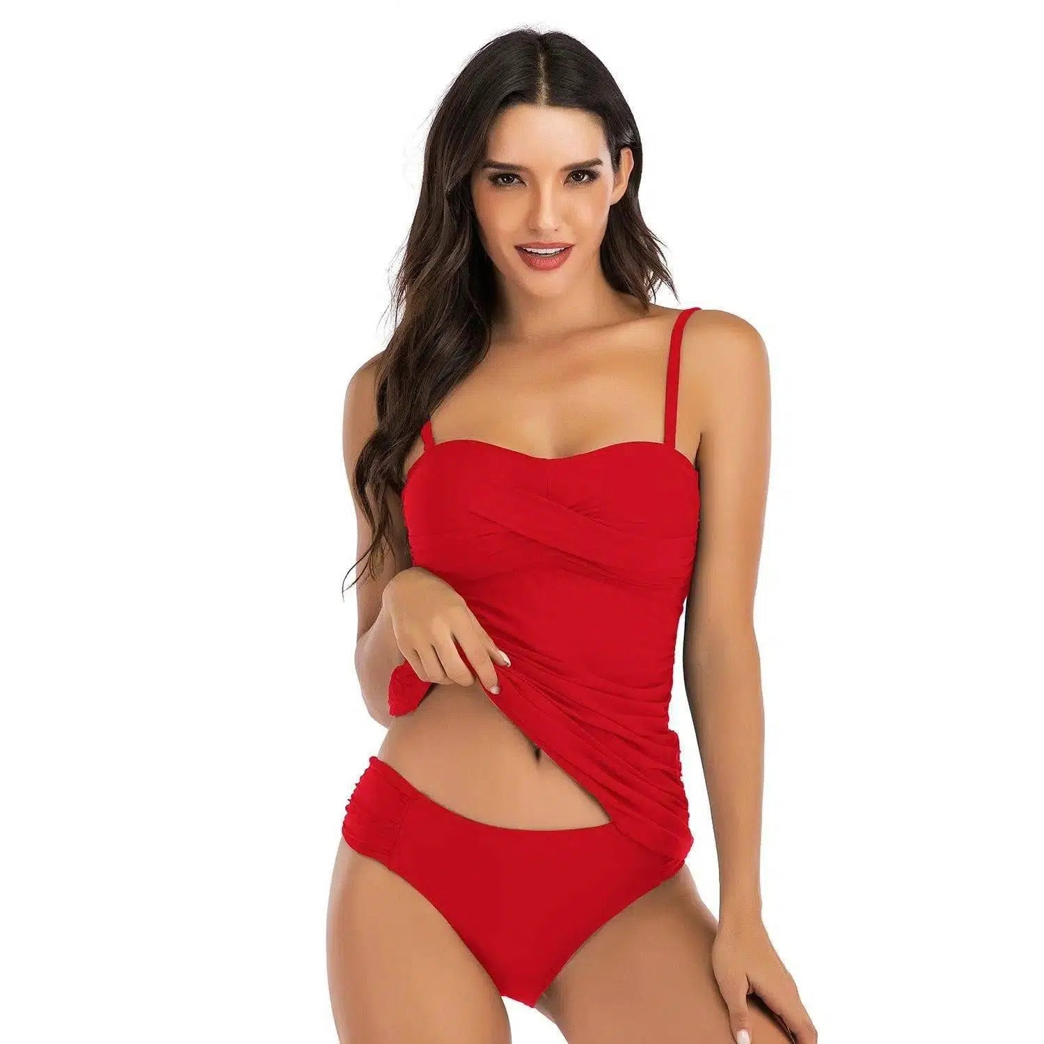 Covered belly split swimsuit ladies conservative-Red-7