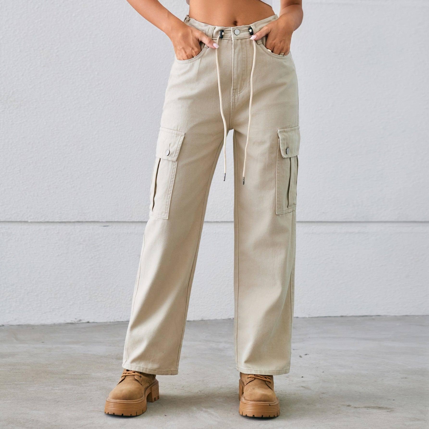 Denim Drawstring Adjustable Washed Overalls Casual Women-Light Khaki-6