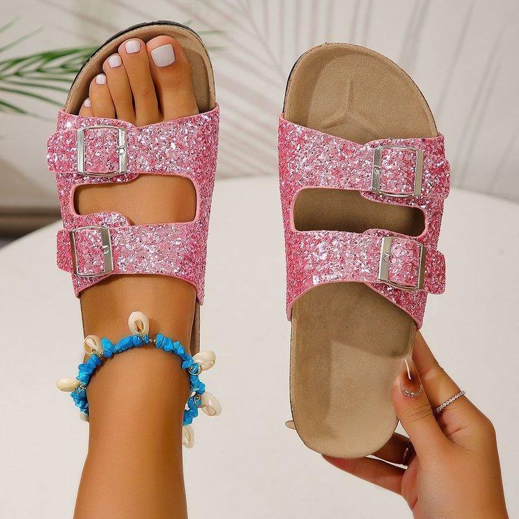 Double Buckle Sandals For Women New Fashion Sequined Beach-6