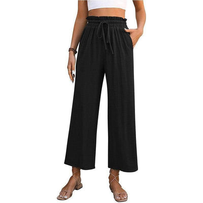 Drawstring High Waist Straight Pants Summer Casual Solid-Black-5