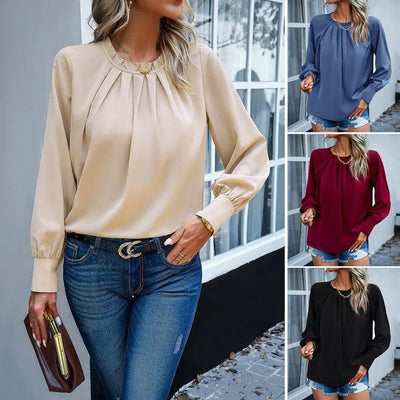 Elegant Lace Collar Long Sleeve Solid Color Top-1